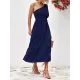 Solid Color Loose Puff Sleeves One-Shoulder Midi Dresses Solid Color Loose Puff Sleeves One-Shoulder Midi Dresses