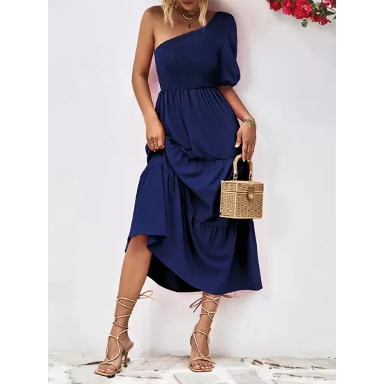 Solid Color Loose Puff Sleeves One-Shoulder Midi Dresses Solid Color Loose Puff Sleeves One-Shoulder Midi Dresses