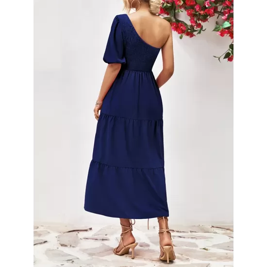 Solid Color Loose Puff Sleeves One-Shoulder Midi Dresses Solid Color Loose Puff Sleeves One-Shoulder Midi Dresses