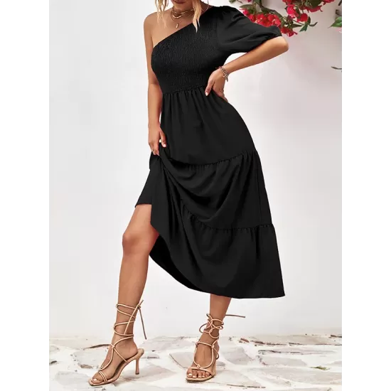 Solid Color Loose Puff Sleeves One-Shoulder Midi Dresses Solid Color Loose Puff Sleeves One-Shoulder Midi Dresses