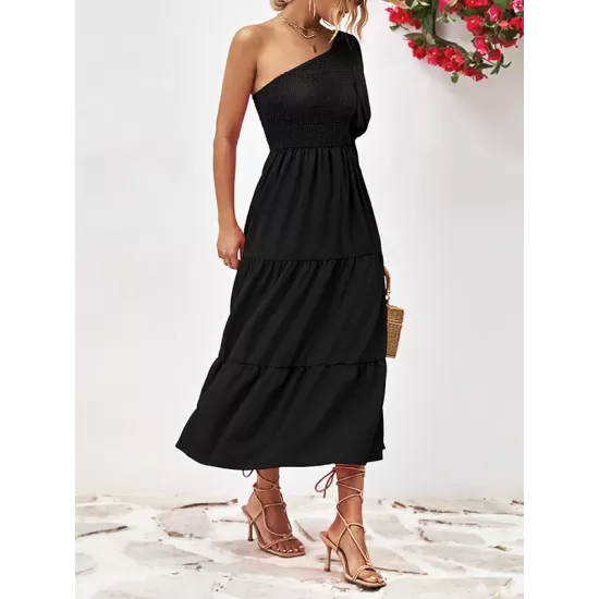 Solid Color Loose Puff Sleeves One-Shoulder Midi Dresses Solid Color Loose Puff Sleeves One-Shoulder Midi Dresses