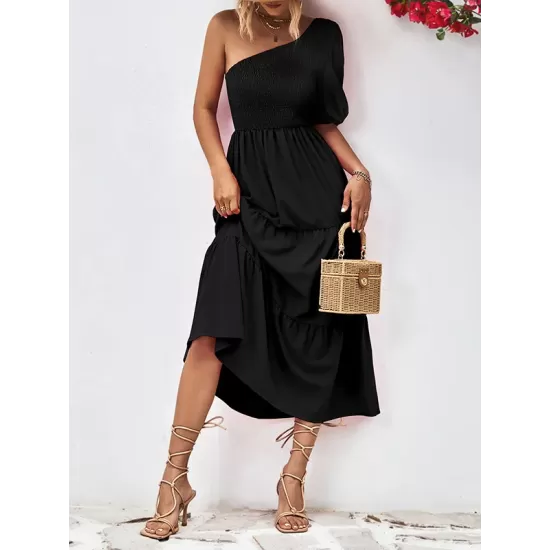 Solid Color Loose Puff Sleeves One-Shoulder Midi Dresses Solid Color Loose Puff Sleeves One-Shoulder Midi Dresses