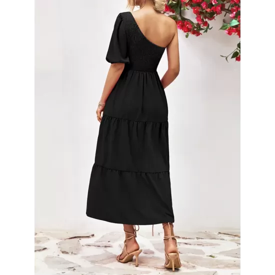 Solid Color Loose Puff Sleeves One-Shoulder Midi Dresses Solid Color Loose Puff Sleeves One-Shoulder Midi Dresses