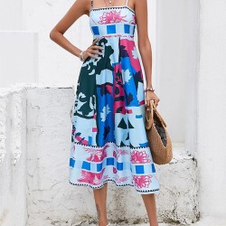 Pleated Printed Split-Joint High Waisted Sleeveless Collarless Slip Dress Midi Dresses