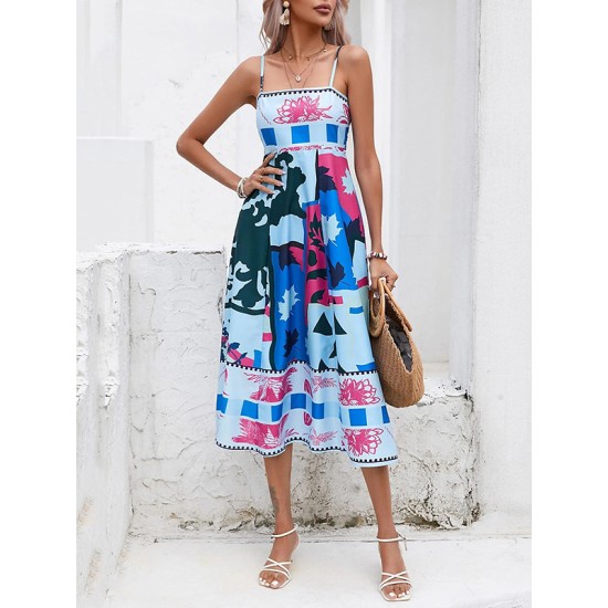 Pleated Printed Split-Joint High Waisted Sleeveless Collarless Slip Dress Midi Dresses Pleated Printed Split-Joint High Waisted Sleeveless Collarless Slip Dress Midi Dresses