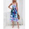 Pleated Printed Split-Joint High Waisted Sleeveless Collarless Slip Dress Midi Dresses
