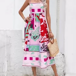 Pleated Printed Split-Joint High Waisted Sleeveless Collarless Slip Dress Midi Dresses