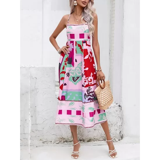 Pleated Printed Split-Joint High Waisted Sleeveless Collarless Slip Dress Midi Dresses Pleated Printed Split-Joint High Waisted Sleeveless Collarless Slip Dress Midi Dresses