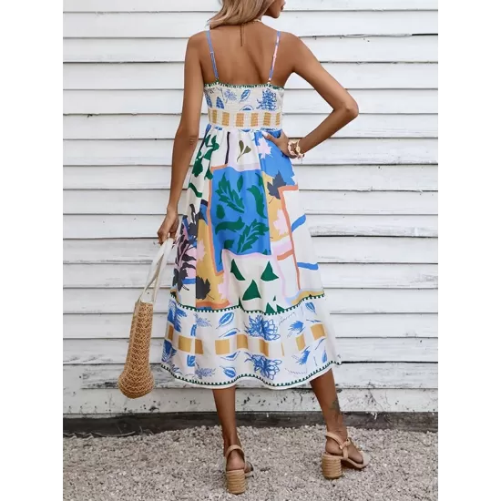 Pleated Printed Split-Joint High Waisted Sleeveless Collarless Slip Dress Midi Dresses Pleated Printed Split-Joint High Waisted Sleeveless Collarless Slip Dress Midi Dresses