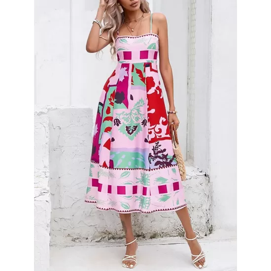 Pleated Printed Split-Joint High Waisted Sleeveless Collarless Slip Dress Midi Dresses Pleated Printed Split-Joint High Waisted Sleeveless Collarless Slip Dress Midi Dresses