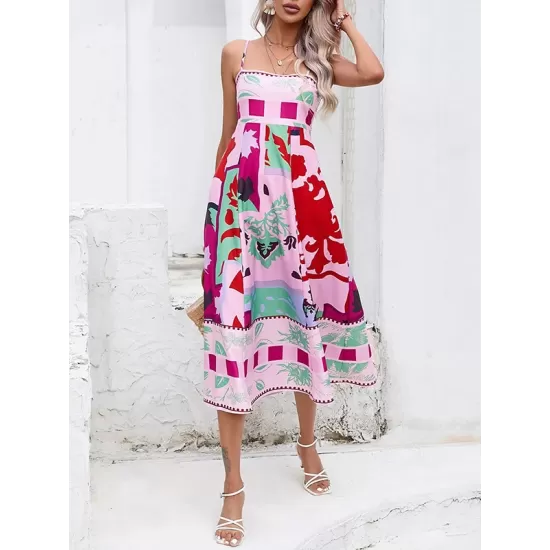 Pleated Printed Split-Joint High Waisted Sleeveless Collarless Slip Dress Midi Dresses Pleated Printed Split-Joint High Waisted Sleeveless Collarless Slip Dress Midi Dresses