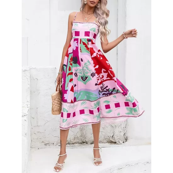 Pleated Printed Split-Joint High Waisted Sleeveless Collarless Slip Dress Midi Dresses Pleated Printed Split-Joint High Waisted Sleeveless Collarless Slip Dress Midi Dresses