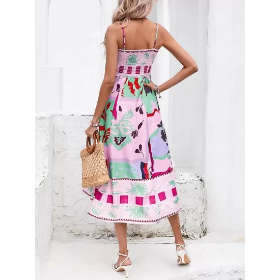 Pleated Printed Split-Joint High Waisted Sleeveless Collarless Slip Dress Midi Dresses Pleated Printed Split-Joint High Waisted Sleeveless Collarless Slip Dress Midi Dresses