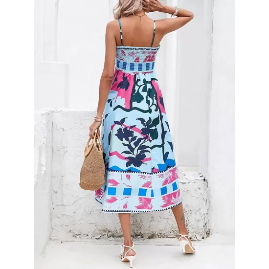 Pleated Printed Split-Joint High Waisted Sleeveless Collarless Slip Dress Midi Dresses Pleated Printed Split-Joint High Waisted Sleeveless Collarless Slip Dress Midi Dresses