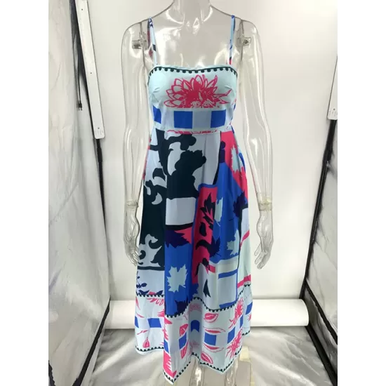 Pleated Printed Split-Joint High Waisted Sleeveless Collarless Slip Dress Midi Dresses Pleated Printed Split-Joint High Waisted Sleeveless Collarless Slip Dress Midi Dresses