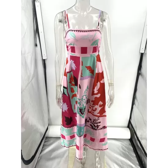 Pleated Printed Split-Joint High Waisted Sleeveless Collarless Slip Dress Midi Dresses Pleated Printed Split-Joint High Waisted Sleeveless Collarless Slip Dress Midi Dresses