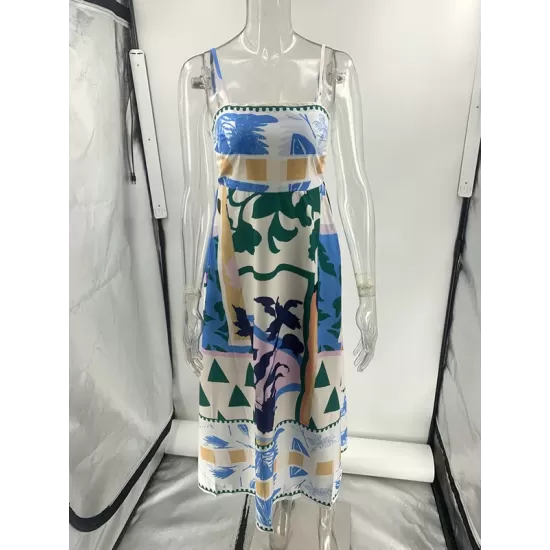 Pleated Printed Split-Joint High Waisted Sleeveless Collarless Slip Dress Midi Dresses Pleated Printed Split-Joint High Waisted Sleeveless Collarless Slip Dress Midi Dresses