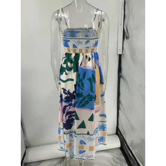 Pleated Printed Split-Joint High Waisted Sleeveless Collarless Slip Dress Midi Dresses Pleated Printed Split-Joint High Waisted Sleeveless Collarless Slip Dress Midi Dresses