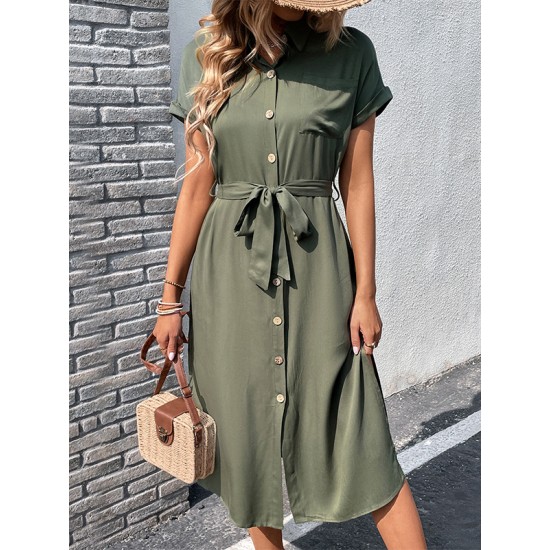 Ribbed Solid Color Loose Short Sleeves Lapel Midi Dresses Ribbed Solid Color Loose Short Sleeves Lapel Midi Dresses