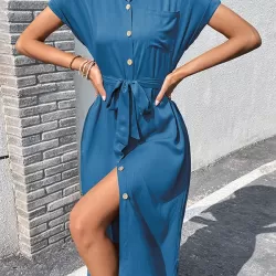 Ribbed Solid Color Loose Short Sleeves Lapel Midi Dresses