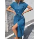 Ribbed Solid Color Loose Short Sleeves Lapel Midi Dresses Ribbed Solid Color Loose Short Sleeves Lapel Midi Dresses