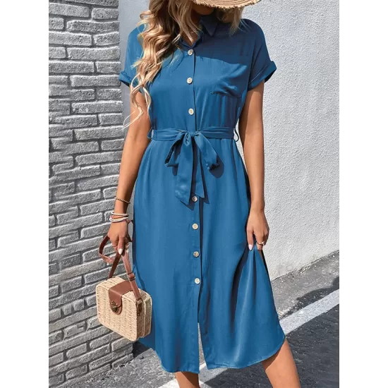 Ribbed Solid Color Loose Short Sleeves Lapel Midi Dresses Ribbed Solid Color Loose Short Sleeves Lapel Midi Dresses