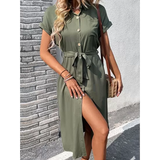 Ribbed Solid Color Loose Short Sleeves Lapel Midi Dresses Ribbed Solid Color Loose Short Sleeves Lapel Midi Dresses