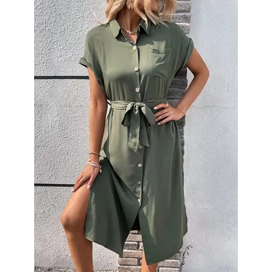 Ribbed Solid Color Loose Short Sleeves Lapel Midi Dresses Ribbed Solid Color Loose Short Sleeves Lapel Midi Dresses