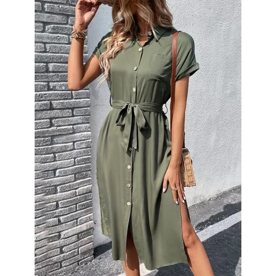 Ribbed Solid Color Loose Short Sleeves Lapel Midi Dresses Ribbed Solid Color Loose Short Sleeves Lapel Midi Dresses