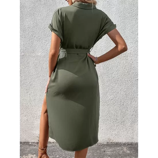 Ribbed Solid Color Loose Short Sleeves Lapel Midi Dresses Ribbed Solid Color Loose Short Sleeves Lapel Midi Dresses