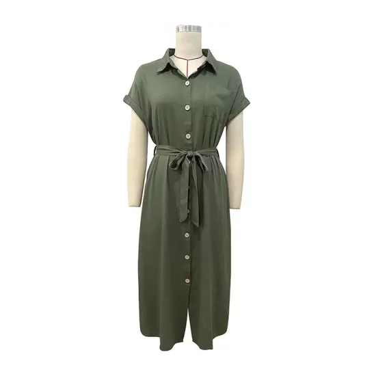 Ribbed Solid Color Loose Short Sleeves Lapel Midi Dresses Ribbed Solid Color Loose Short Sleeves Lapel Midi Dresses