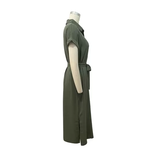 Ribbed Solid Color Loose Short Sleeves Lapel Midi Dresses Ribbed Solid Color Loose Short Sleeves Lapel Midi Dresses
