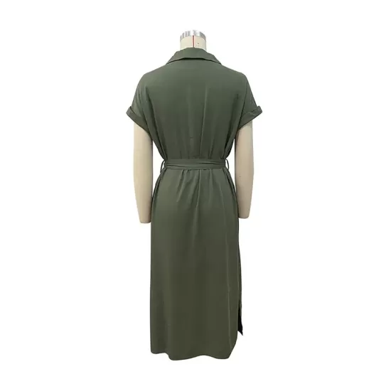 Ribbed Solid Color Loose Short Sleeves Lapel Midi Dresses Ribbed Solid Color Loose Short Sleeves Lapel Midi Dresses