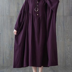 Pleated Solid Color Loose Puff Sleeves Stand Collar Midi Dresses