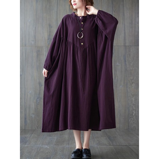 Pleated Solid Color Loose Puff Sleeves Stand Collar Midi Dresses Pleated Solid Color Loose Puff Sleeves Stand Collar Midi Dresses