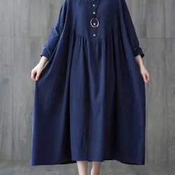 Pleated Solid Color Loose Puff Sleeves Stand Collar Midi Dresses