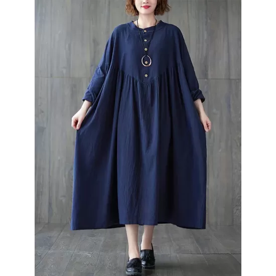 Pleated Solid Color Loose Puff Sleeves Stand Collar Midi Dresses Pleated Solid Color Loose Puff Sleeves Stand Collar Midi Dresses