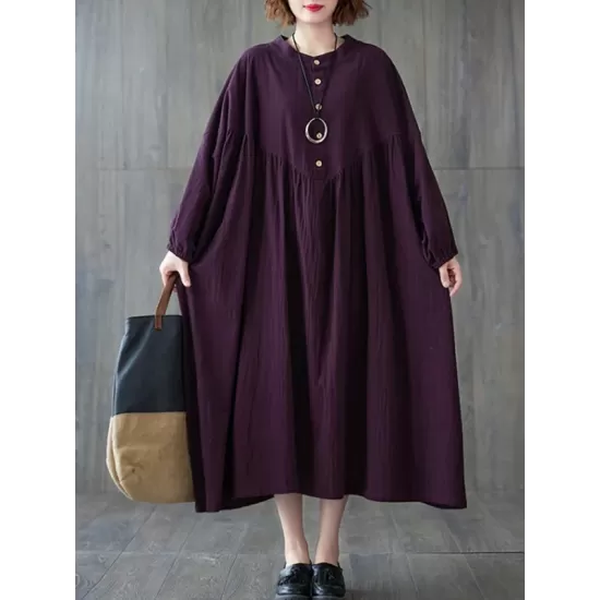 Pleated Solid Color Loose Puff Sleeves Stand Collar Midi Dresses Pleated Solid Color Loose Puff Sleeves Stand Collar Midi Dresses