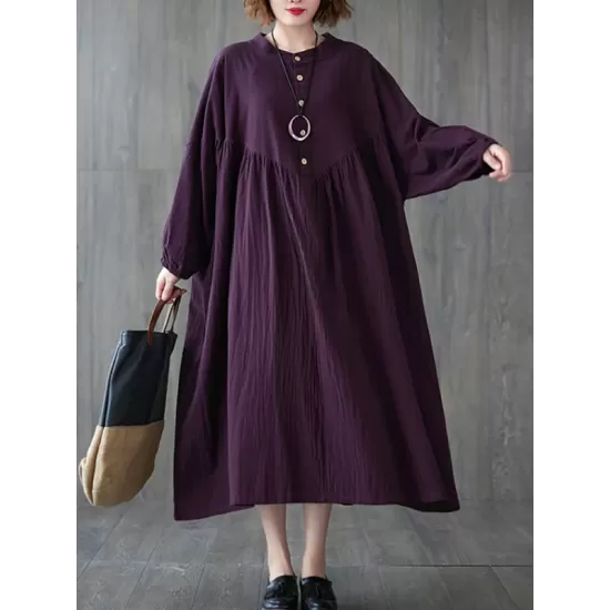 Pleated Solid Color Loose Puff Sleeves Stand Collar Midi Dresses Pleated Solid Color Loose Puff Sleeves Stand Collar Midi Dresses