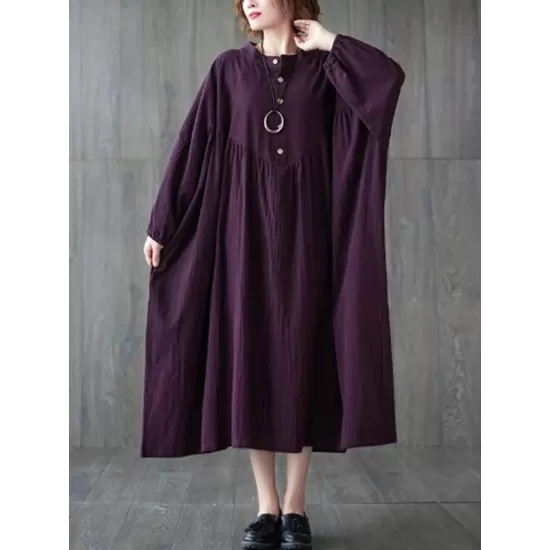 Pleated Solid Color Loose Puff Sleeves Stand Collar Midi Dresses Pleated Solid Color Loose Puff Sleeves Stand Collar Midi Dresses