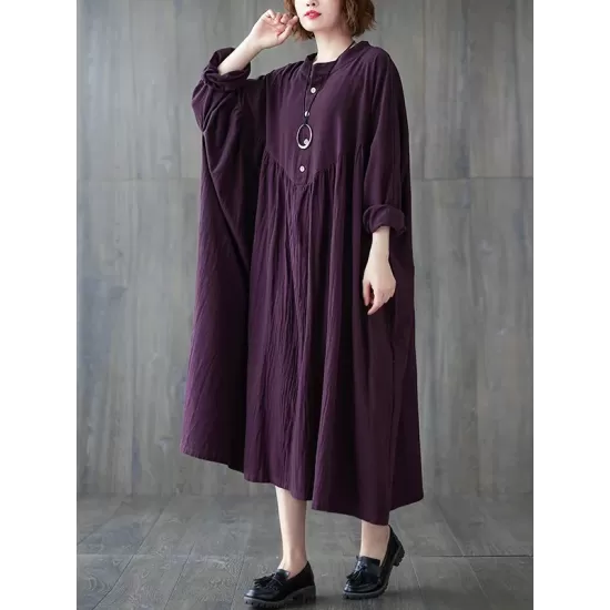 Pleated Solid Color Loose Puff Sleeves Stand Collar Midi Dresses Pleated Solid Color Loose Puff Sleeves Stand Collar Midi Dresses