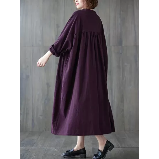 Pleated Solid Color Loose Puff Sleeves Stand Collar Midi Dresses Pleated Solid Color Loose Puff Sleeves Stand Collar Midi Dresses