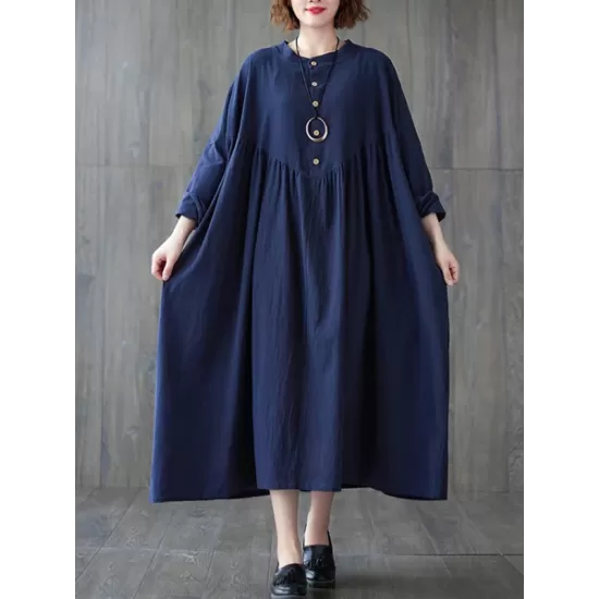 Pleated Solid Color Loose Puff Sleeves Stand Collar Midi Dresses Pleated Solid Color Loose Puff Sleeves Stand Collar Midi Dresses
