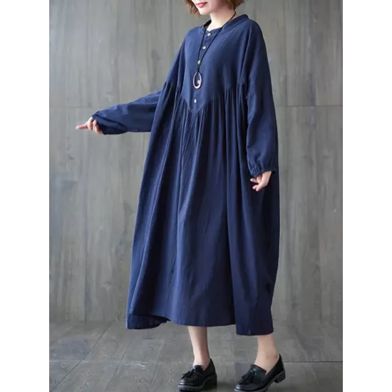 Pleated Solid Color Loose Puff Sleeves Stand Collar Midi Dresses Pleated Solid Color Loose Puff Sleeves Stand Collar Midi Dresses
