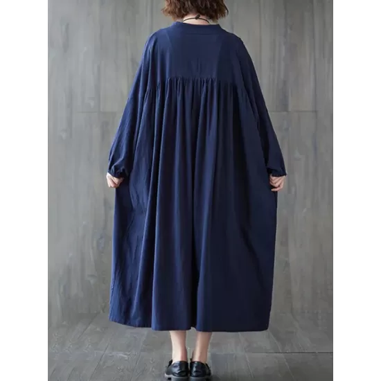 Pleated Solid Color Loose Puff Sleeves Stand Collar Midi Dresses Pleated Solid Color Loose Puff Sleeves Stand Collar Midi Dresses