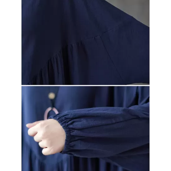 Pleated Solid Color Loose Puff Sleeves Stand Collar Midi Dresses Pleated Solid Color Loose Puff Sleeves Stand Collar Midi Dresses