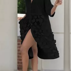Half Sleeves Loose Applique Solid Color Split-Joint Lapel Collar Midi Dresses