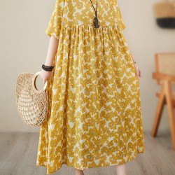 Floral Printed Pleated Split-Joint Loose Raglan Sleeve Round-Neck Midi Dresses