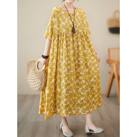Floral Printed Pleated Split-Joint Loose Raglan Sleeve Round-Neck Midi Dresses Floral Printed Pleated Split-Joint Loose Raglan Sleeve Round-Neck Midi Dresses