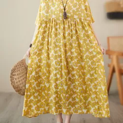 Floral Printed Pleated Split-Joint Loose Raglan Sleeve Round-Neck Midi Dresses